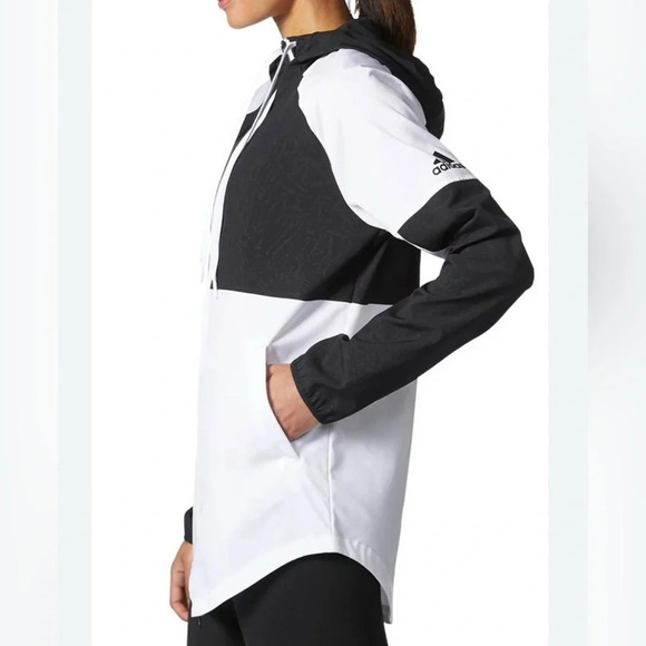 Adidas White & Black Patterned Full Zip Hooded Windbreaker Jacket Small Women’s - Picture 1 of 11